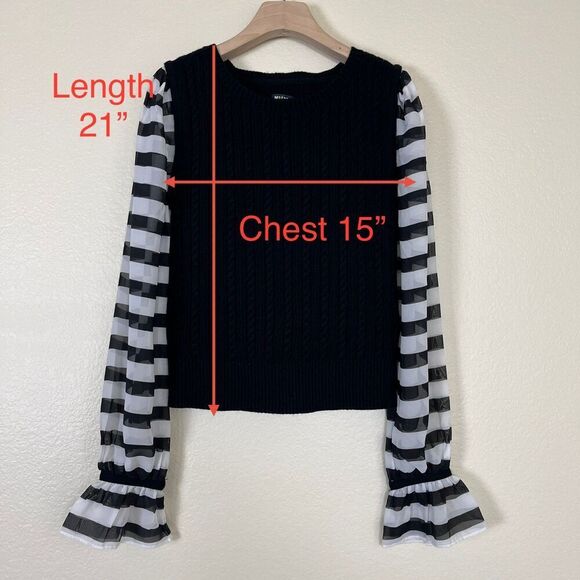 Maeve Women's Size S Black Contrast Sheer Sleeve Cable Knit Striped Sweater Goth - Picture 6 of 16